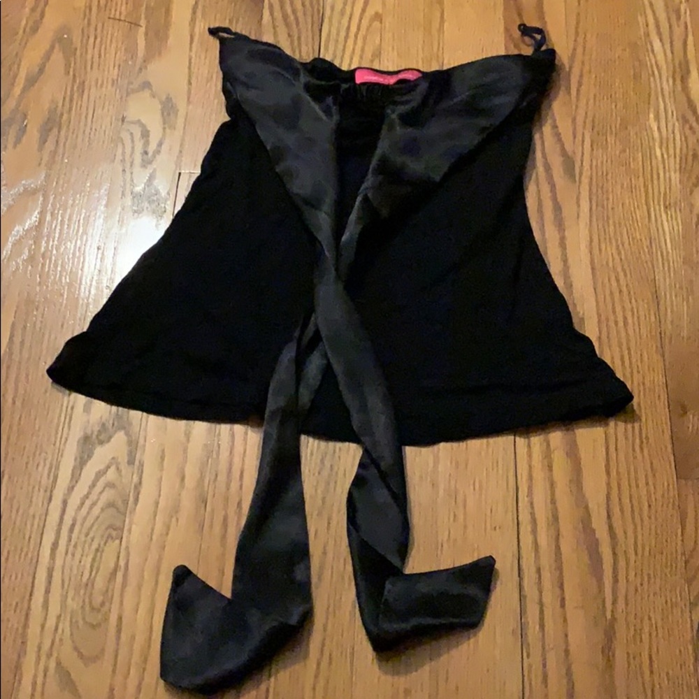 Black strapless dress top. Satin tie in front.